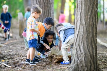 Five students gather outside and study a tree during their pre-kindergarten program at The Fessenden School near Boston, MA.